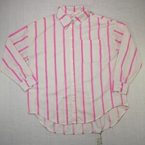 Peach Striped Snap Down Shirt Pink Cream Women Size Small Oversized Long Sleeve